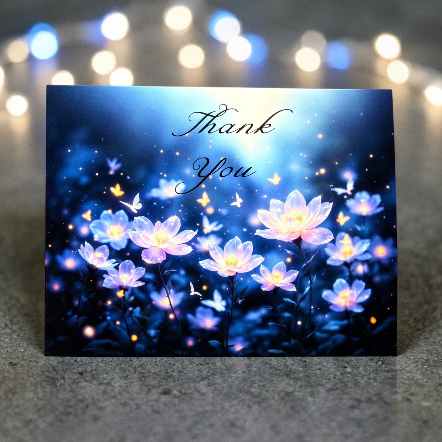 Greeting card with glowing flowers and butterflies on a dark background, featuring the text 'Thank You'.