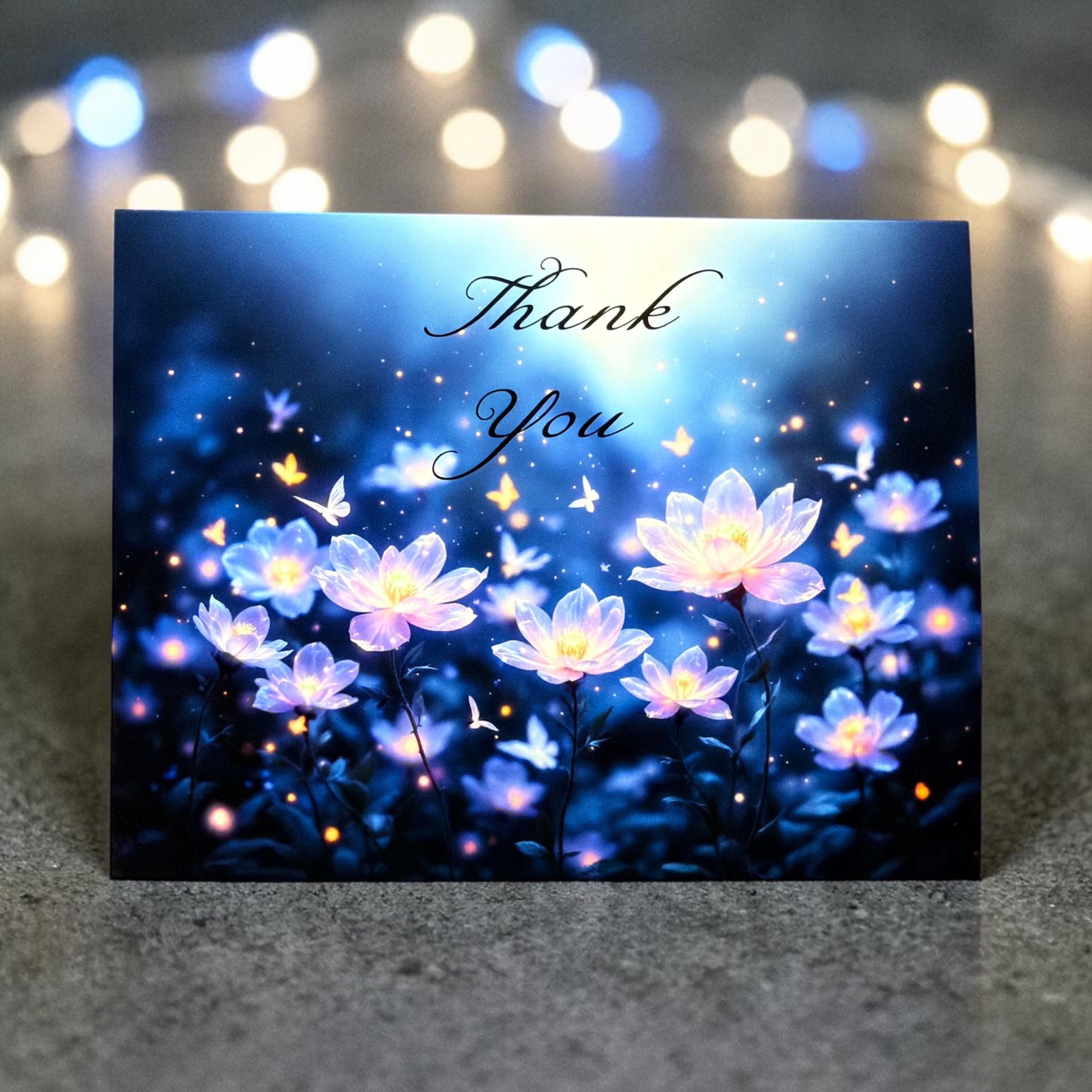 Greeting card with glowing flowers and butterflies on a dark background, featuring the text 'Thank You'.