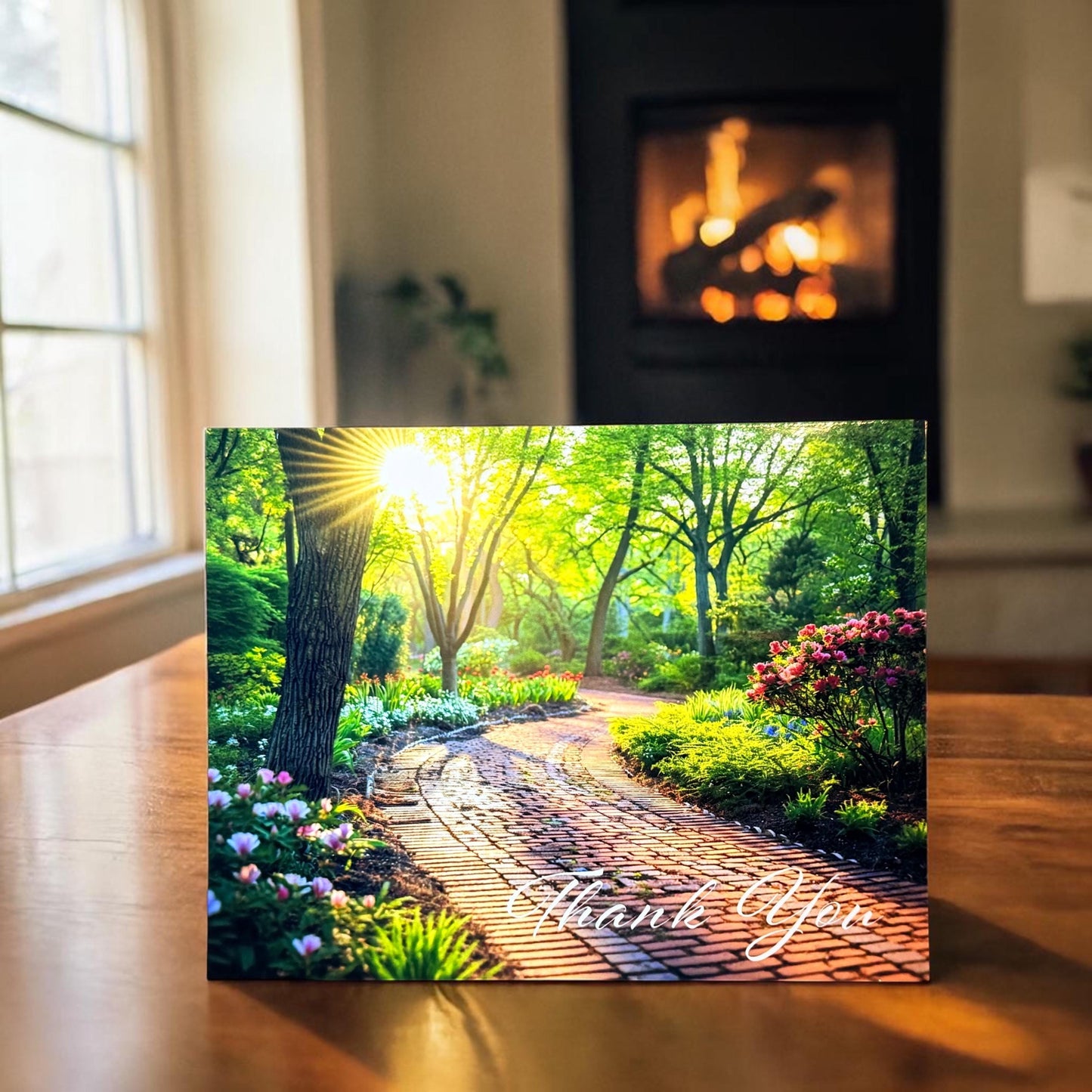 Nature-themed wall art with a garden path and 'Thank You' text in a room with a fireplace.