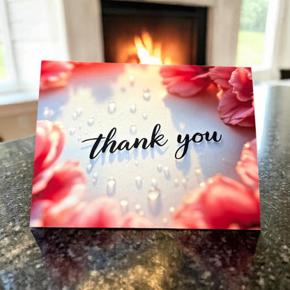 Greeting card with 'thank you' text and floral design on a surface.
